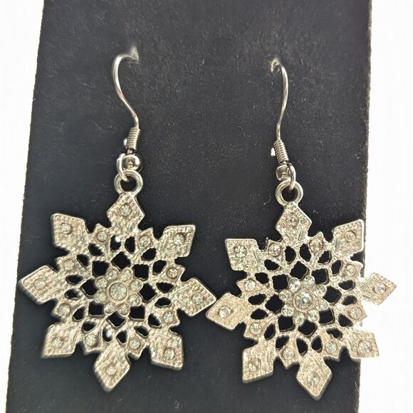 Rhinestone Snow Flake Earrings on Wires - Picture 1 of 6